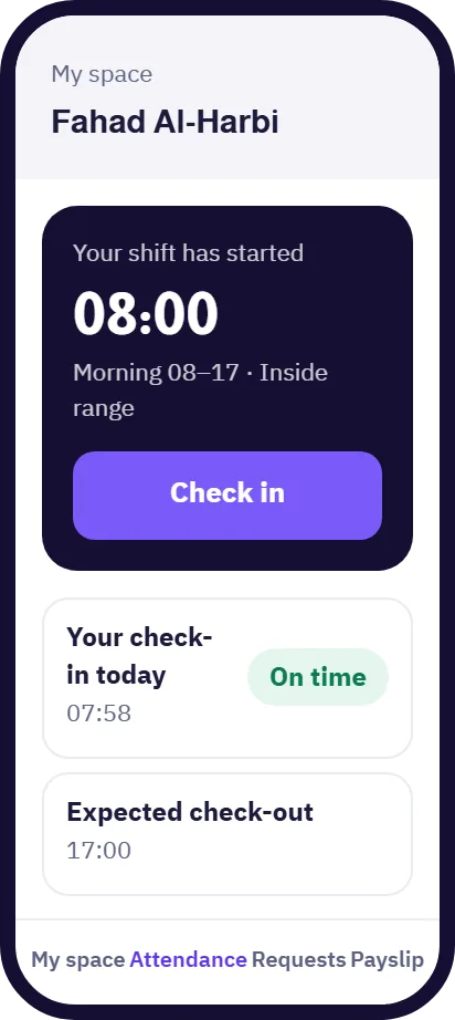 Madar mobile app for geofenced employee check-in at the workplace