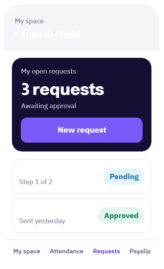 Submitting employee requests and following approval steps from the Madar mobile app