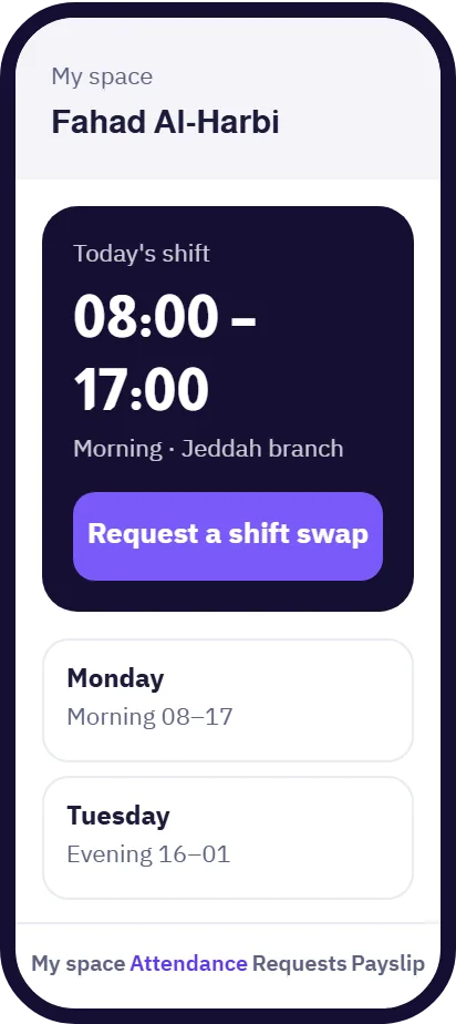 Today's shift and a swap request on mobile in Madar shift scheduling