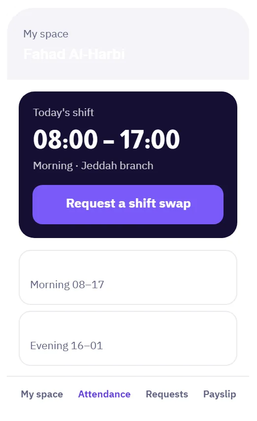 An employee's weekly roster in the Madar shift scheduling app