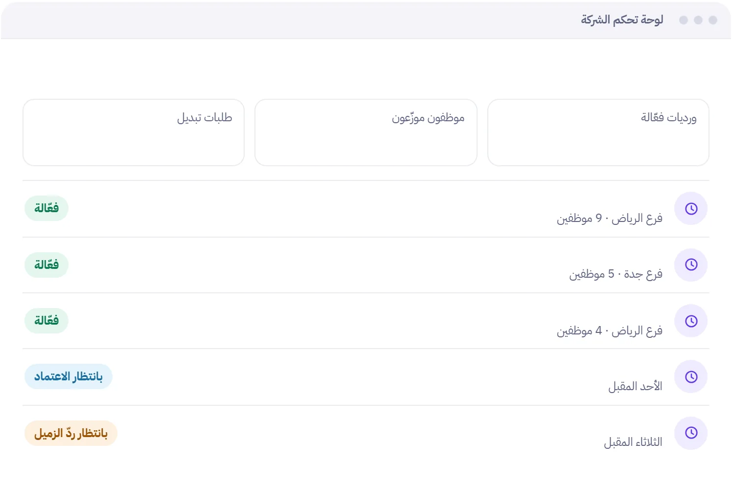 لوحة جدولة الورديات في مدار بالورديات الصباحية والمسائية وطلبات التبديل